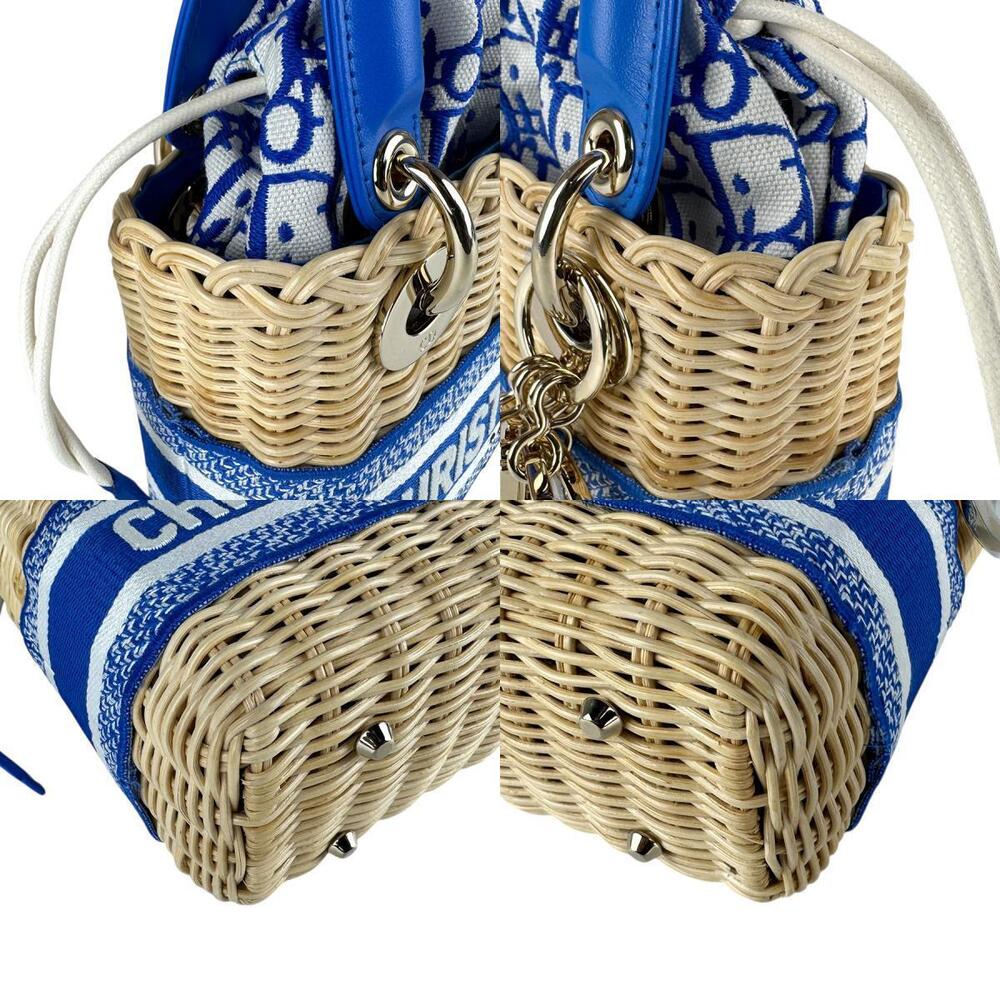 Christian Dior Lady Wicker 2way Shoulder Bag Canvas Leather Blue x - Picture 4 of 5